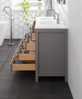 Top Shelf 96 Inch Gray Double Sink Bathroom Vanity With Durable Carrara Quartz Top And Undermount Porcelain Sinks Plus Flawless Brushed Nickel Hardware For Rapid Home Renovations showing open drawers.