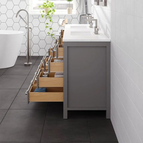 Top Shelf 96 Inch Gray Double Sink Bathroom Vanity With Durable Carrara Quartz Top And Undermount Porcelain Sinks Plus Flawless Brushed Nickel Hardware For Rapid Home Renovations showing open drawers.