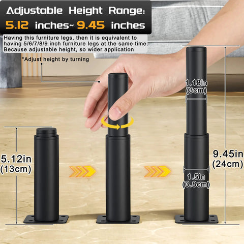 Adjustable Metal Furniture Legs Set Of Four From 5.12 To 9.45 Inches Built Tough For Sofa Bed Cabinet Dresser Chair And Coffee Table Supports Up To 661 Lbs Black showing height adjustment