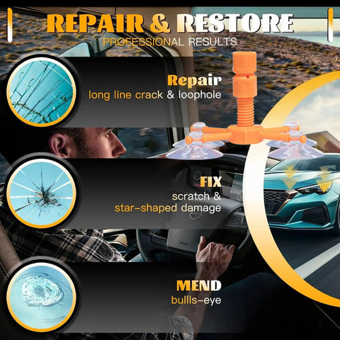 Windshield Chip Repair Kit For Cars And Home Glass With Fast Nano Penetrating Resin Filler That Stops Cracks From Spreading In 15 To 30 Minutes For Star Linear And Bullseye Cracks Two Pack shown with repair device and instructions