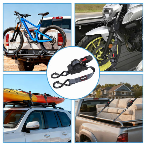 Retractable Ratchet Straps 12Ft Auto Rewind Cargo Tie Down Straps securing bikes, kayaks, and household items on vehicles