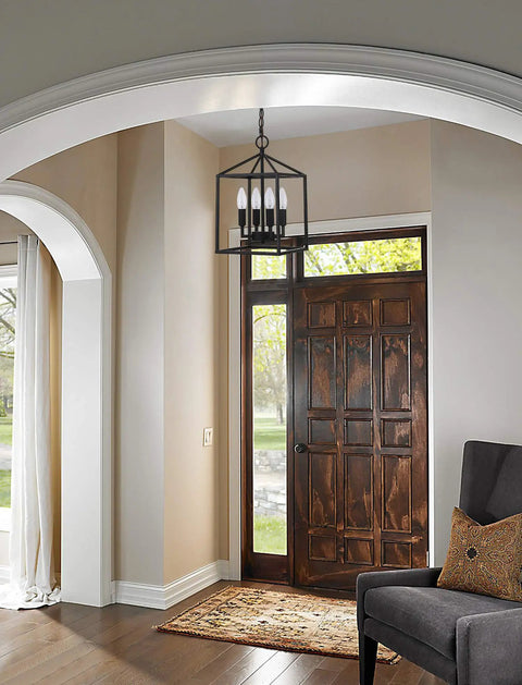 Vintage Foyer Lantern Pendant Light With 4 Light Iron Matte Black Chandelier Hard Wired Fixture Hanging in Entryway