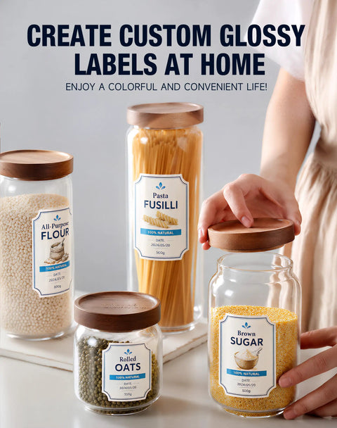 Glass jars with custom glossy labels for flour, pasta, oats, and sugar showcasing organization in the kitchen.