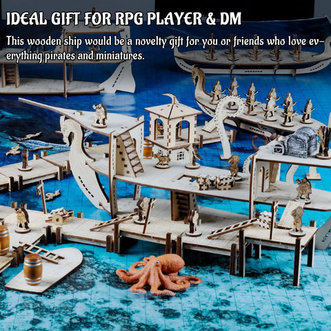 DND Ship Miniature With Three Level Wooden Naval Battle Terrain Map For Roleplay Campaigns Dragon Bow Figurehead And Six Cannons