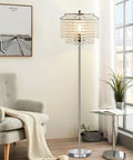 Crystal Floor Lamp 64 Inch Tall With Double Layer Shade, Modern Silver Finish Standing Lamp in a cozy living room setting.