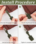 4-step installation of 5 Pack Olive Green Universal Zipper Pull Replacement Kit Set With Nylon And Metal Zipper Fixers.