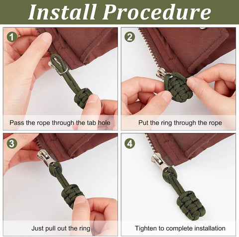 4-step installation of 5 Pack Olive Green Universal Zipper Pull Replacement Kit Set With Nylon And Metal Zipper Fixers.