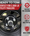 Pack Of Two Rugged Trailer Axle Kits With Four On Four Bolt Pattern Idler Hub And One And One Quarter Inch Round BT8 Spindle close-up of wheel assembly for utility trailers, sturdy design.