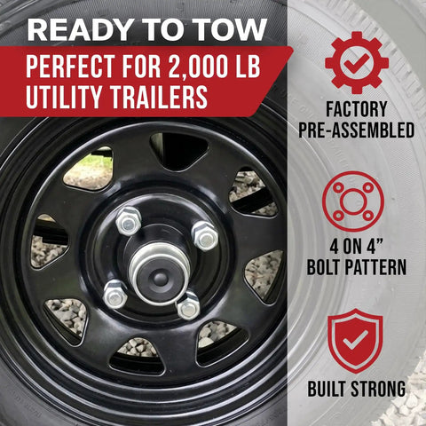 Pack Of Two Rugged Trailer Axle Kits With Four On Four Bolt Pattern Idler Hub And One And One Quarter Inch Round BT8 Spindle close-up of wheel assembly for utility trailers, sturdy design.