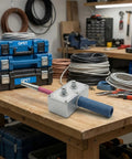 Drill Powered Wire Puller And Automatic Cable Threading Machine Smooth Conduit Wizard on a workbench with tools and wires.
