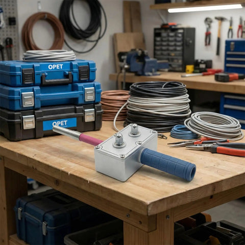 Drill Powered Wire Puller And Automatic Cable Threading Machine Smooth Conduit Wizard on a workbench with tools and wires.