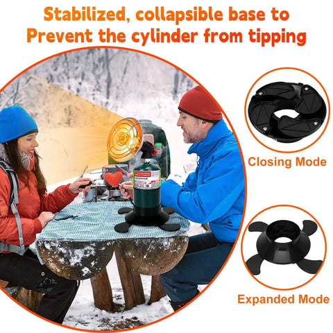 Portable Propane Heater For Camping And Outdoor Spaces, Rugged Base With Propane Tank Holder on picnic table in snow