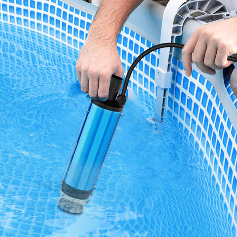 Person using Zero Drama Cordless Submersible Water Pump Heavy Duty Silent Operation Swift Flow Draining in pool water.
