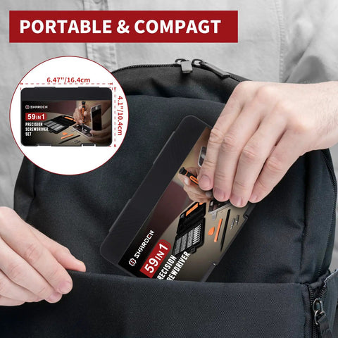 58 In 1 Magnetic Precision Screwdriver Set with Case for iPhone MacBook Computers placed in backpack, compact size highlighted