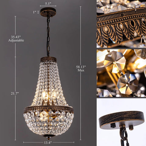 Six Light French Empire Crystal Chandelier With Antique Bronze Finish, Farmhouse Pendant, 13-inch Diameter