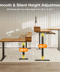 Rustic Brown 59 Inch L Shaped Electric Standing Desk With Drawers showing smooth height adjustment from 28.4" to 45.7".
