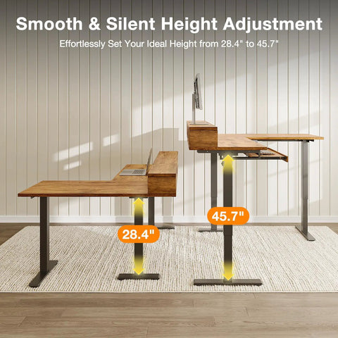 Rustic Brown 59 Inch L Shaped Electric Standing Desk With Drawers showing smooth height adjustment from 28.4" to 45.7".
