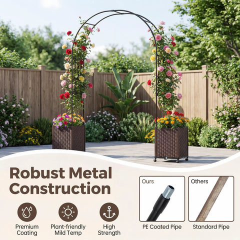 Metal Garden Arch Trellis Arbor With Two Self Watering Planter Boxes For Easy Planting And Climbing Vines PE Coated Archway