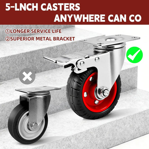 4 Inch Heavy Duty Swivel Casters With Dual Lock Safety Brakes And Non Marking Rubber Tires showing a comparison of two caster wheels.