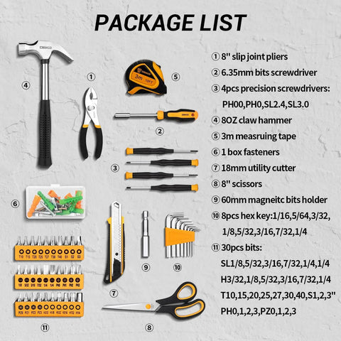 All Purpose Home Tool Kit With Plastic Toolbox Storage Case 50 Piece Essential Set items displayed with labels on a gray background.
