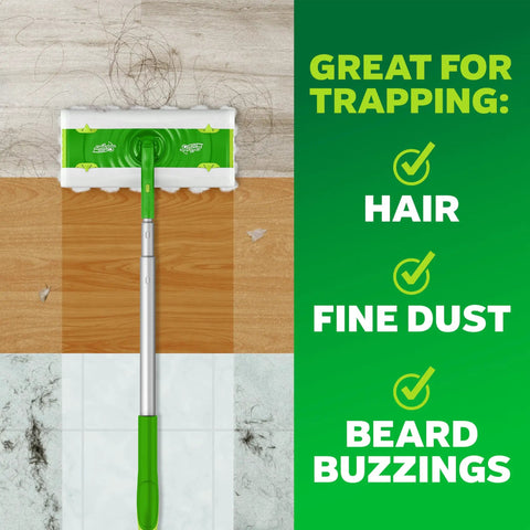 Hair Magnet Deluxe Starter Kit With Collapsible Pole And 9 Dry Cloths Plus 2 Bonus Mop And Go Wet Cloths For Quick Cleanups Hair And Dust Pickup And Pet Fur Removal mop shown cleaning various floor types