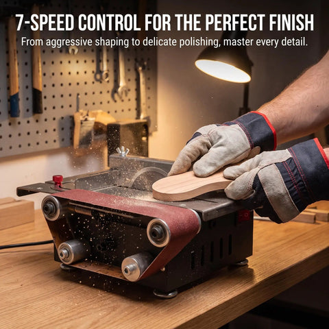 Rock Solid Mini Table Saw And Belt Sander Combo Featuring 200 Watt Copper Motor With Seven Speed Gears And Zero To Ninety Degree Tilt Base for detailed wood finishing.