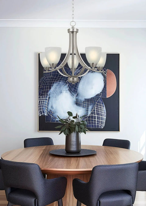 Farmhouse 24 Inch Five Light Chandelier With Clear Glass Shades, Adjustable Chain, Smoked Birch Finish in dining room