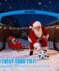 Santa placing a soccer ball by a pop-up soccer goal with a sleigh of gifts, surrounded by festive lights.