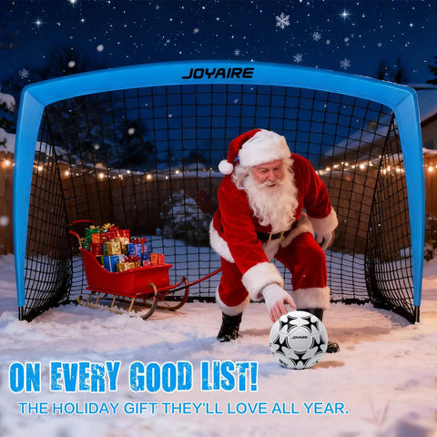 Santa placing a soccer ball by a pop-up soccer goal with a sleigh of gifts, surrounded by festive lights.