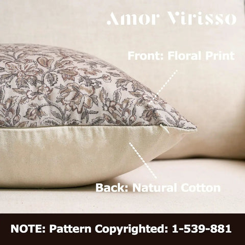 Floral Throw Pillow Covers 20x20 Set Of 2 Vintage Block Print Decorative Pillow Covers For Living Room And Sofa Red And Sand Cotton Farmhouse Cozy Accent No Inserts Included, front floral print and natural cotton back