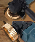Pomsare wood carving disc set for angle grinder; gold pyramid-tooth discs in 4 and 4.5 in sizes with 5/8 in arbor, mounted on grinder