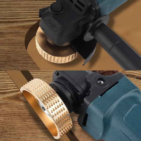 Close-up of angle grinder with Upgraded Four Piece Wood Grinding Wheel Set For Four Inch And Four And A Half Inch Angle Grinders