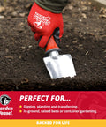 Pro Grade Heavy Duty Garden Trowel For Planting Digging And Cultivating being used in soil by person wearing red gloves