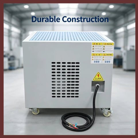 Heavy Duty Industrial Dust Collector And Welding Fume Extractor With Multi Stage Filtration System That Knocks The Dust Straight Out Of The Air 220V Workbench Rig, grey metal construction with flexible hose.