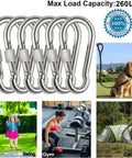12 Pack Locking Carabiner Clips Tough As Nails Two Point Three Six Inch Heavy Duty Stainless Steel 304 Thumb Screw Gate Snap Hooks For Trail Gear And Everyday Carry Weatherproof Corrosion Resistant Rust Proof shown with various uses.