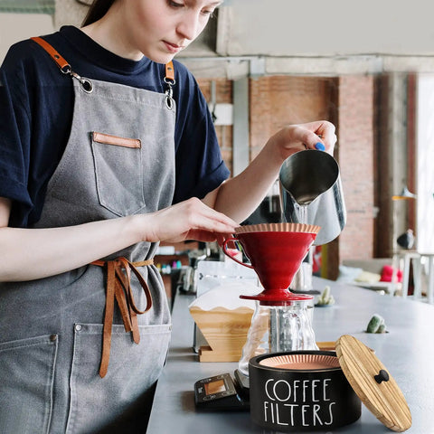 Solid Wood Coffee Filter Holder With Lid, Rustic Farmhouse Style on counter, woman brewing coffee in kitchen