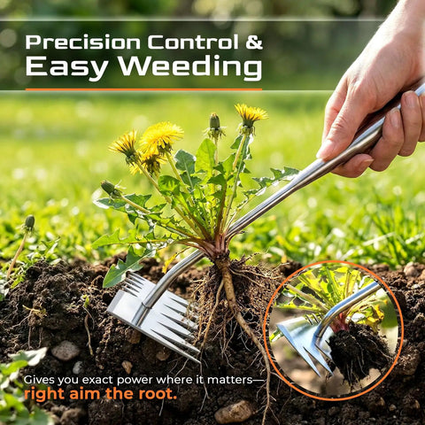 Heavy Duty Stainless Steel Weed Puller Tool For Gardens And Lawns, Deep Root Weed Remover, Hand Weeding Tool To Grab Dandelions, Crabgrass, Thistles, And More, Built Tough For Backyards, Flower Beds, And Seasonal Cleanup. Hand pulling dandelion root from lawn.