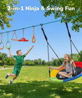 Children playing on 50 Ft Ninja Warrior Obstacle Course Swing Set With Slackline And Saucer Swing For Backyard Epic Playtime.