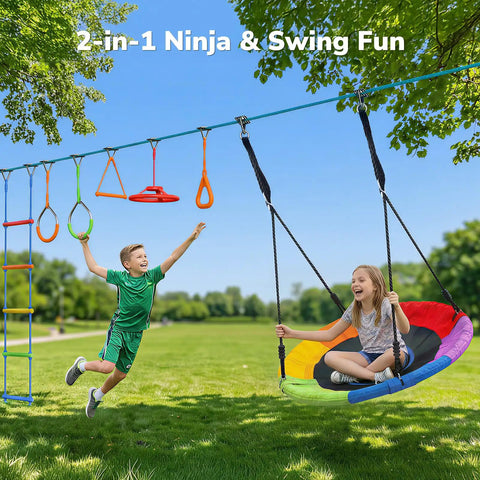 Children playing on 50 Ft Ninja Warrior Obstacle Course Swing Set With Slackline And Saucer Swing For Backyard Epic Playtime.