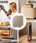 Collage of household appliances: hairdryer, toaster, microwave oven, heater with Waveguide Cover for Microwave Oven Replacement 5304464061 Mica Plate.