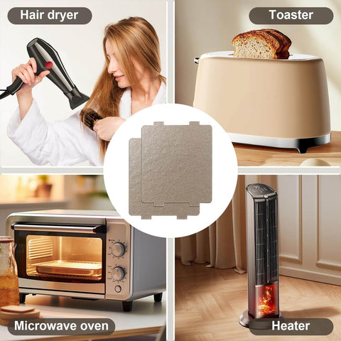 Collage of household appliances: hairdryer, toaster, microwave oven, heater with Waveguide Cover for Microwave Oven Replacement 5304464061 Mica Plate.