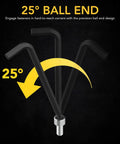 Beast Mode Pro Grade 35 Piece Long Arm Ball End Hex Key Set demonstrating 25° ball end angled reach.