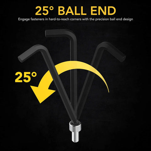 Beast Mode Pro Grade 35 Piece Long Arm Ball End Hex Key Set demonstrating 25° ball end angled reach.