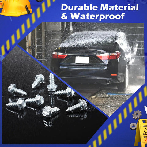 100 Pack Car License Plate Screws 14 By Three Quarter Inch Slotted Hex Head Mounting Screws next to a car being washed