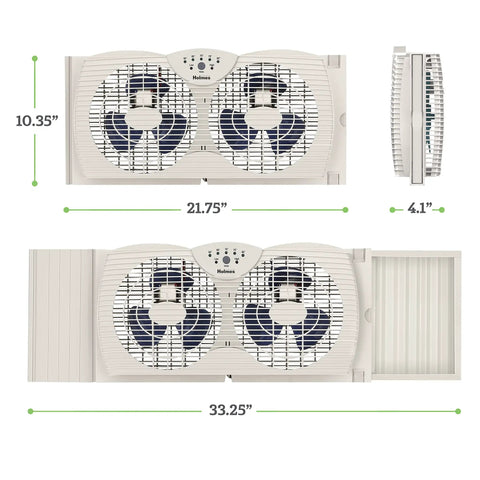 Dual Blade Digital Window Fan With Programmable Thermostat For Home Cooling, two speed modes, expandable side panels, top view