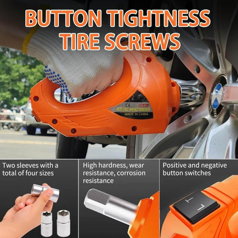 Close-up of electric impact wrench tightening tire screw on car, part of Electric Car Jack Kit 5 Ton Hydraulic Lift With 12V Power.