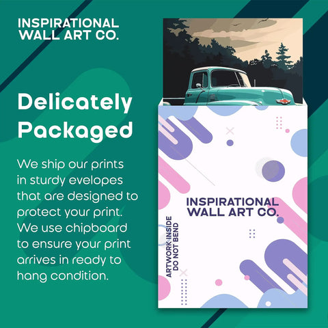 Inspirational Wall Art Co. packaging with teal classic truck print visible