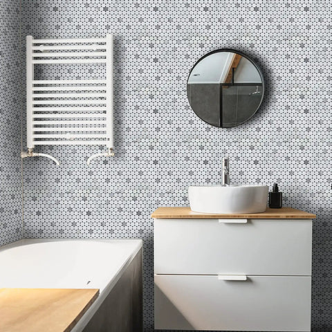 Bathroom with Penny Round Tile Peel And Stick Backsplash Kit With White Marble Look And Silver Metal Accent Self Adhesive Mosaic Tiles
