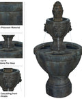 2 Tier Outdoor Fountain In Polyresin With Lion Head Details And Realistic Stone Look Yard Art With Calming Water Sound