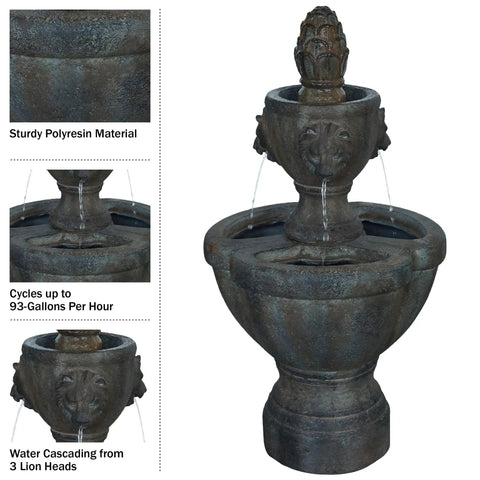 2 Tier Outdoor Fountain In Polyresin With Lion Head Details And Realistic Stone Look Yard Art With Calming Water Sound